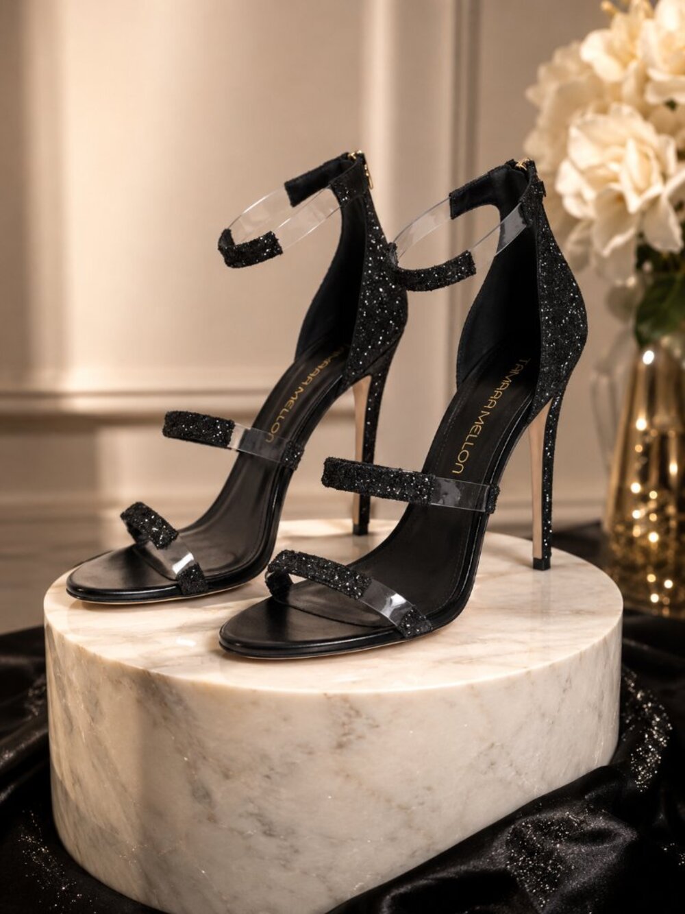 Tamara Mellon Frontline Black Glitter Heels Sz 41.5 Glam Stiletto ✨